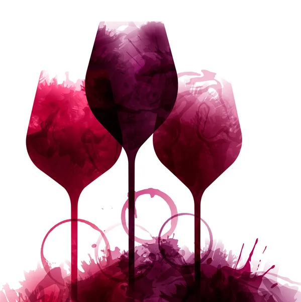 Illustration Three Wine Glasses Red Wine Stains Vector Splashes Wine — Stock Vector