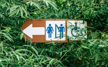 Erkekler ve kadınlar tuvalet işaretleri, tuvalet işaretleri. Tuvalet işaretleri ve ikonlar. Doğal arka plan. yeşil orman.