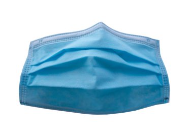 Mavi tek kullanımlık tıbbi maske. Virüs Covid-19 'u önlemek için. Ortasına yerleştirilir. kırpma yolu ile beyaz arkaplanda izole.