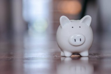 Para tasarrufu, mali güvenlik veya kişisel fon kavramı için beyaz arka planda domuz sikkesi bankası.