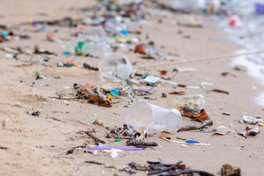 Sahilde çöp. Plaj kirliliği. Plastik şişeler ve deniz sahilindeki diğer çöpler. Karadeniz 'in kirli kumlu kıyıları.
