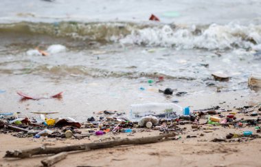 Sahilde çöp. Plaj kirliliği. Plastik şişeler ve deniz sahilindeki diğer çöpler. Karadeniz 'in kirli kumlu kıyıları.