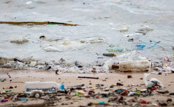 Sahilde çöp. Plaj kirliliği. Plastik şişeler ve deniz sahilindeki diğer çöpler. Karadeniz 'in kirli kumlu kıyıları.