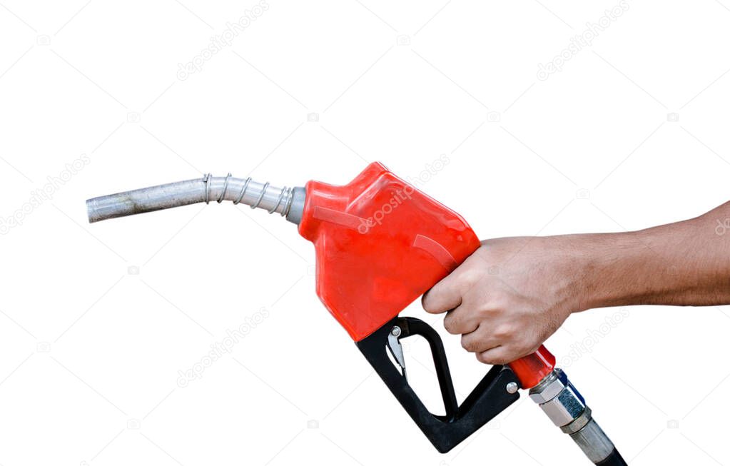 Man holding gas hose Red gasoline pump nozzle isolated on white background. Fuel nozzle with hose.