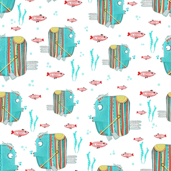 Cute blue and red fish on a white background. Pattern for printing on fabric. — Stock Photo, Image