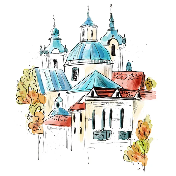 Cidade velha, banhos, igreja. Ilustração à mão livre aquarela. Grodno — Fotografia de Stock