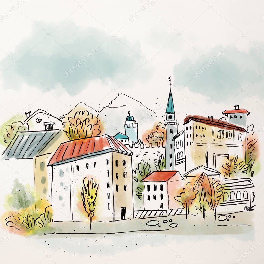 Old city panorama in watercolor. Retro style hand drawn postcard illustration