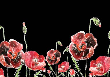 Siyah arka planda kırmızı gelincikler. Kalemlerle ve suluboya resimlerle. Kartlar, davetiyeler için arkaplan