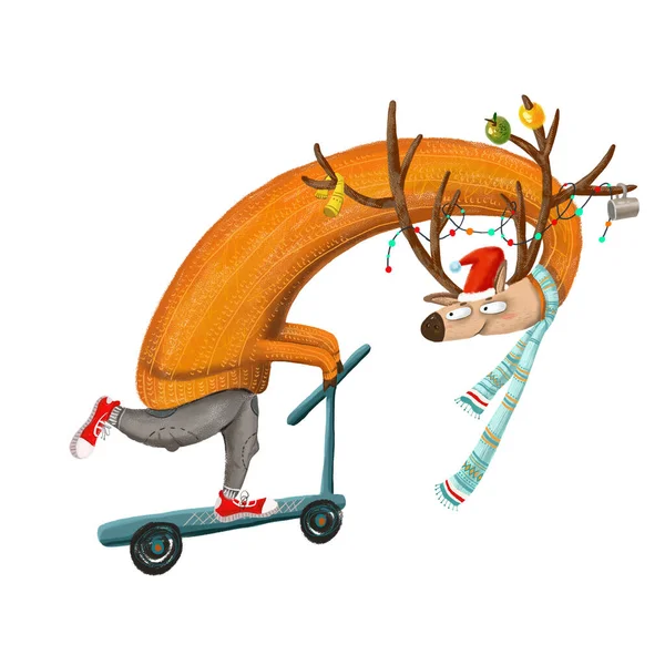 Симпатичный олень в новогодней шляпе на скутере. Новогодний олень — стоковое фото
