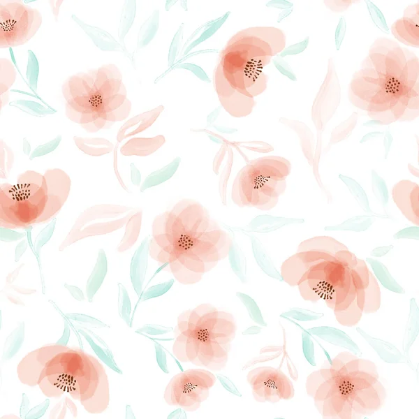 Ніжні рожеві та м'ятні акварельні квіти на білому тлі. Безшовні візерунки. Друк на тканині, листівках . — стокове фото