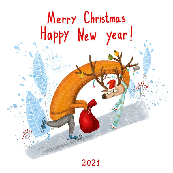 Chevreuil du Nouvel An en patins. Carte postale pour Noël et Nouvel An. — Photo