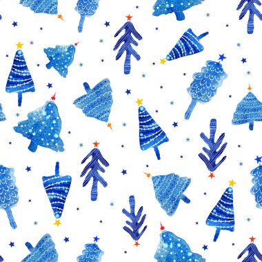 Suluboya Noel ağaçları. Noel arkaplanı. Kusursuz Yeni Yıl Şablonu