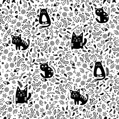 Beyaz arka planda siyah sevimli kediler. Kusursuz desen. Karalama süsü.