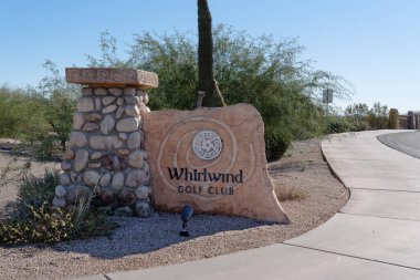 Chandler, AZ - December 1, 2019 Whirlwind Golf Club at Wild Horse Pass with a Southwest desert landscape has two courses, Devils Claw and Cattail, and is located on the Gila River Indian Reservation clipart