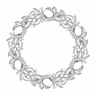 Limonlu, limonlu, yapraklı vektör desenli çelenk. Mesajın için yer aç. Menü, alışveriş, poster, çıkartma, kartpostal için kullanılabilir. Çizgi film tasarımı