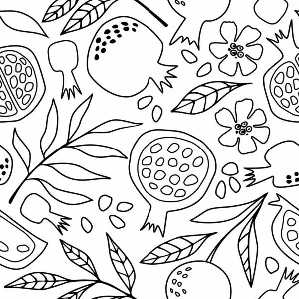 Bezešvé Vektorové Černobílé Obrazce Granátovými Jablky Doodle Fruits Tapety Balicí — Stockový vektor
