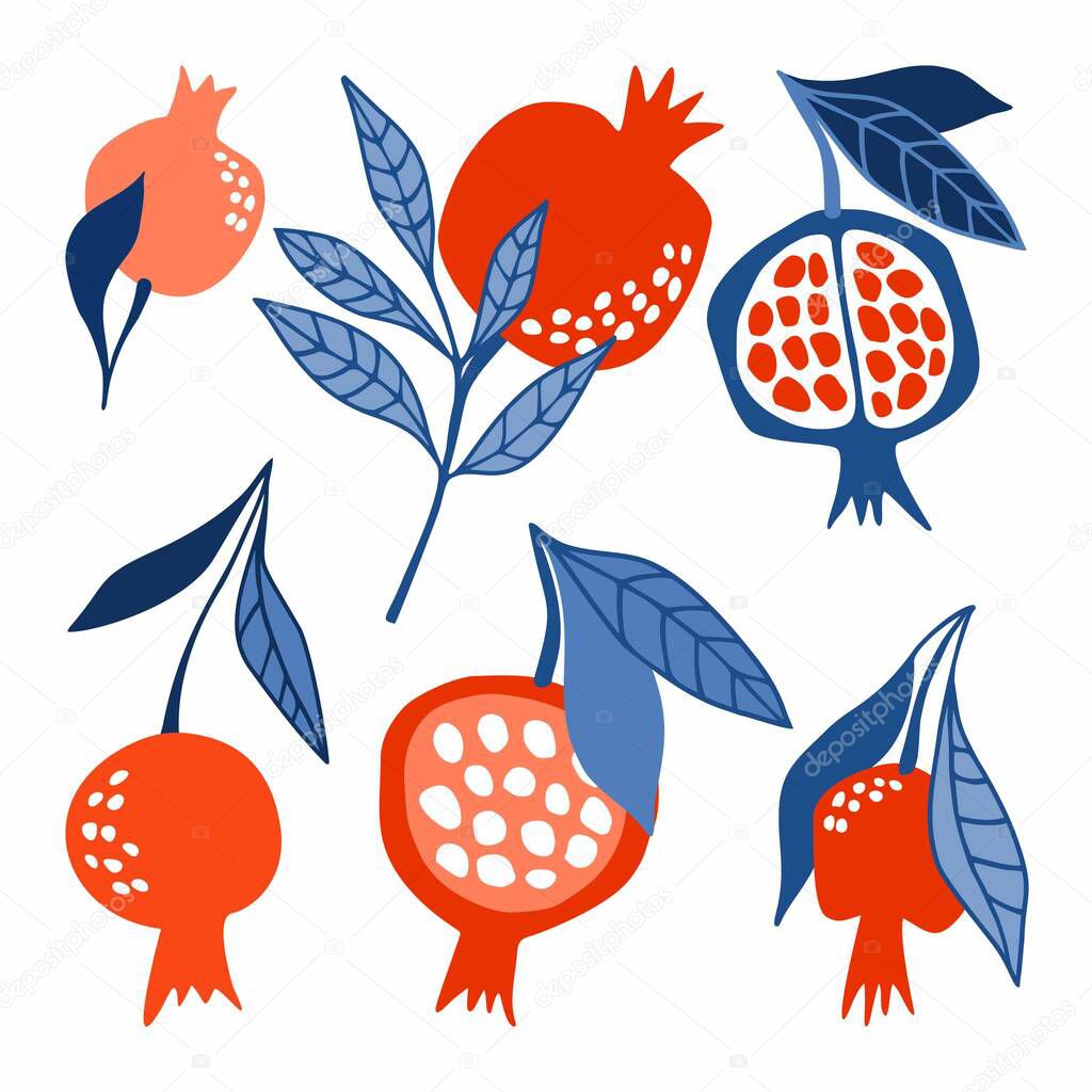 Fruit vector set with juicy and bright pomegranates. For wallpaper, wrapping paper, textiles, postcards, web page backgrounds, interior decor, menus. Cartoon design