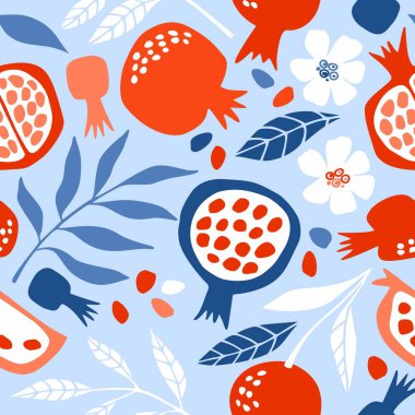 Mavi arka planda sulu ve parlak nar desenli kusursuz vektör deseni. Duvar kağıdı, ambalaj kağıdı, tekstil, kartpostallar, web sayfası arkaplan, iç dekorasyon, menüler için. Çizgi film tasarımı.