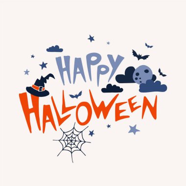 Yazılı Cadılar Bayramı vektör bileşimi, parlak balkabakları, yarasalar, örümcek ağları, arka planda yıldızlar. Duvar kâğıdı, ambalaj kağıdı, tekstil, kartpostallar, web sayfası arkaplanı, iç dekorasyon için. Çizgi film tasarımı.