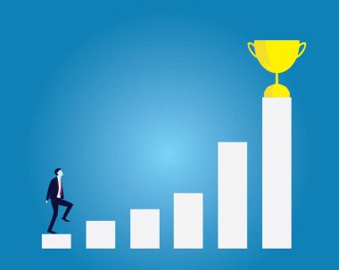 Vektör çizim. İş hedef kavramı. Kupa başarı başarı ulaşmak için Merdiven tırmanma iş adamı 