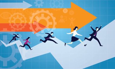 Vektör çizim. İş rekabet kavramı. İşadamları ve başarı için ileri aşağıdaki Yön ok simgesi çalışan iş kadınları