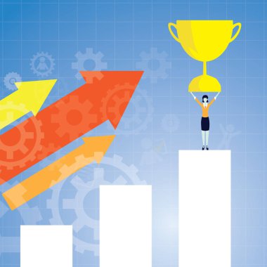 Vektör çizim. Başarı iş kavramı. Zaferini kutluyor, kazanan kupa, şampiyon podyum üzerinde ayakta tutan işkadını