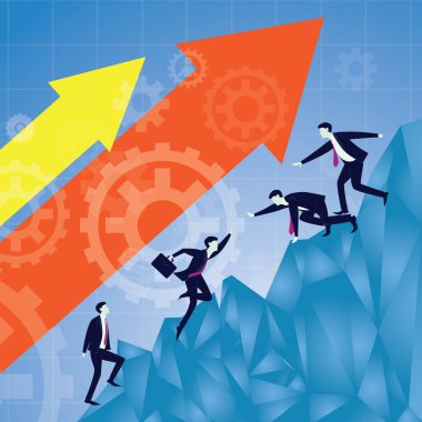 Vektör çizim. İş takım çalışması liderlik kavramı. Birlikte çalışma, yardım işadamları dağ cliff başarı tırmanmaya. En iyi pozisyon için çalışmaya lideri ekibi motive