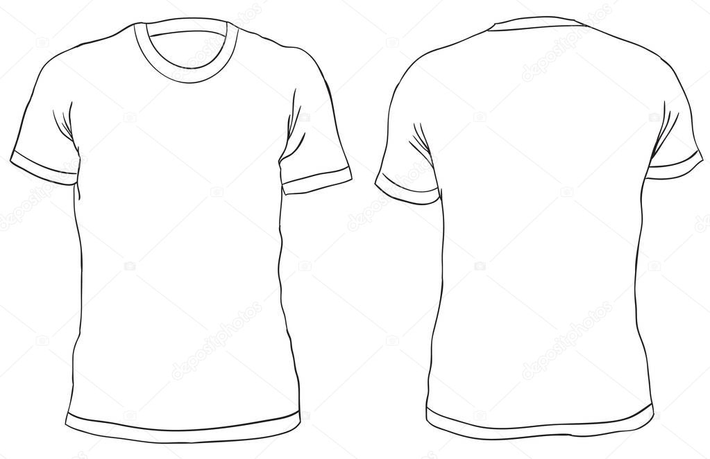 Vector illustration. Blank Men's t-shirt, front and back views. Simple outline shirt design. Isolated on white