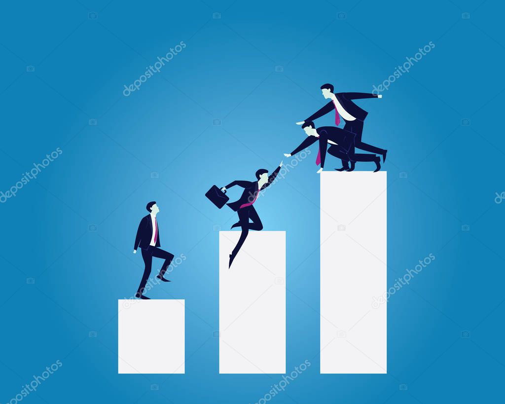 Vector illustration. Business teamwork leadership concept. Businessmen working together, helping each other to climb ladder of success. Leader motivating his team to work hard for top position
