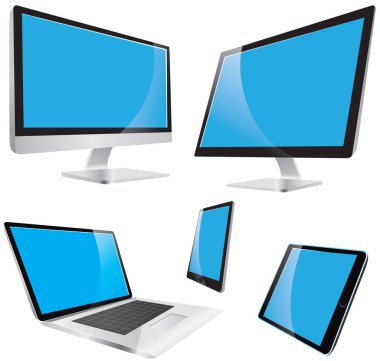 Dizüstü, bilgisayar, akıllı telefon, tablet, boş Mavi Dijital monitör ekran gadget vektör çizim alay üzerinde beyaz izole şablon