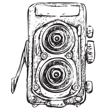 Vektör çizim. Retro kamera basit doodle tasarımı siyah beyaz