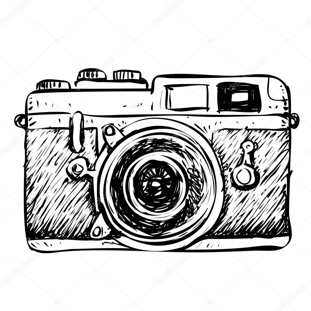 Vector illustration. Retro camera simple doodle design in black and white