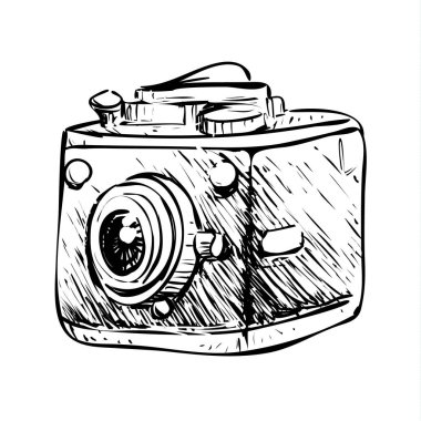 Vektör çizim. Retro kamera basit doodle tasarımı siyah beyaz