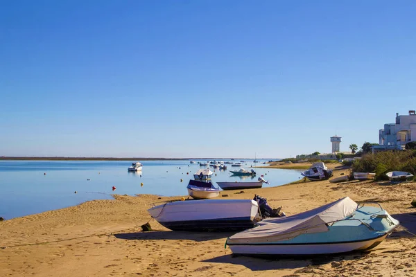 Pohled Pláž Břehu Laguny Ria Formosa Ostrově Faro Portugalsko Malými — Stock fotografie