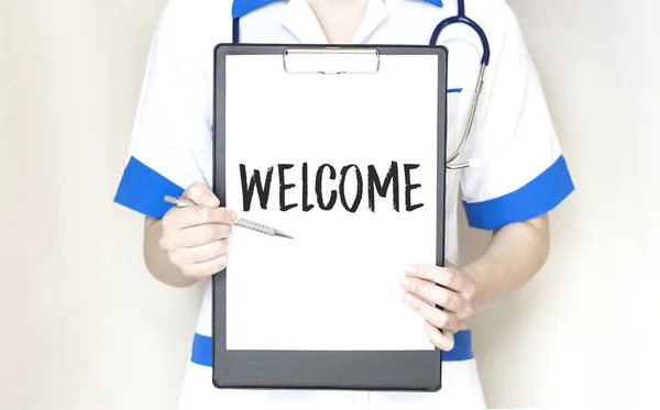 Welcome Plate Hands Medical Doctor — Stock Photo, Image