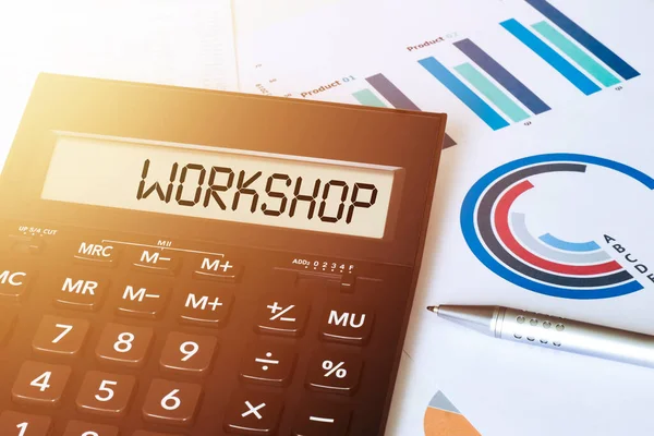 Word Workshop Miniräknare Affärs Och Finanskoncept — Stockfoto