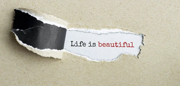 生命是美丽的 出现在撕破的褐色纸片后面 — 图库照片