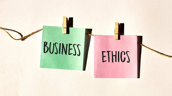 Business Ethics Text Words Inscription Yellow Sticker Note White Wall — Stock Photo, Image