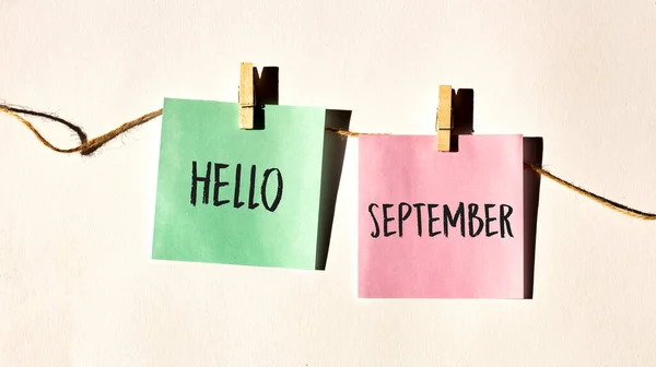 Hello September Text Words Inscription Yellow Sticker Note White Wall — Stock Photo, Image