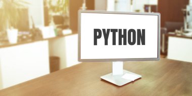 Ekranda PYTHON metni olan modern ofiste monitör
