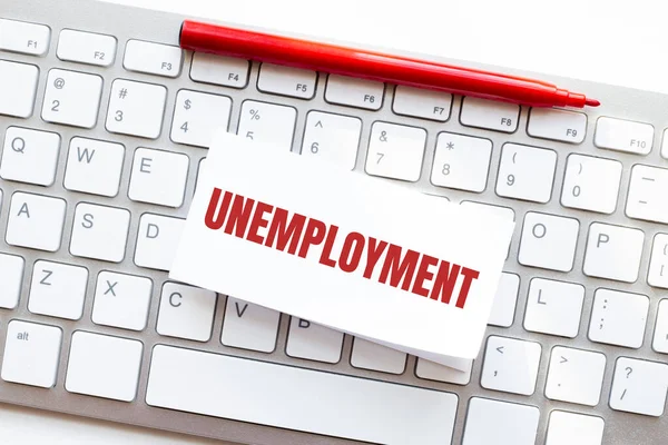 Palavras Desemprego Escrito Papel Rasgado Teclado Computador — Fotografia de Stock