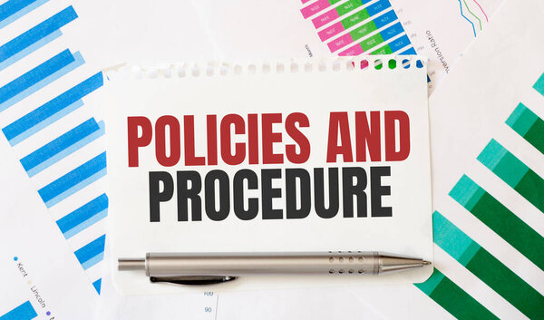 Card with text POLICIES AND PROCEDURE. Diagram and white background