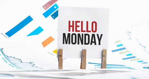 Hello Monday Text Paper Sheet Chart Dice Spectacles Pen Laptop — Stock Photo, Image