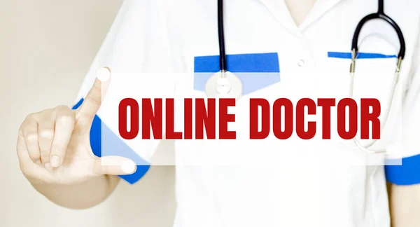 Doctor holding a card with text ONLINE DOCTOR, medical concept.