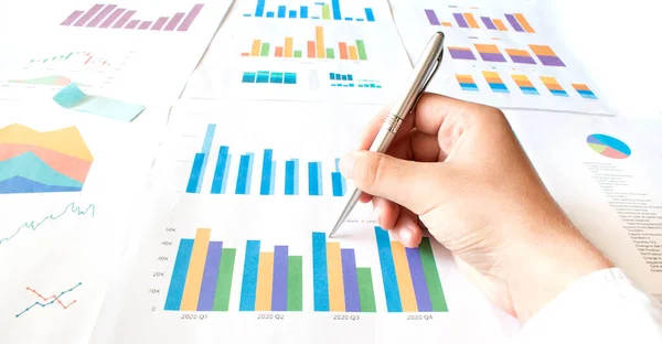 Business Man Working Calculate Data Document Graph Chart Report Marketing — Fotografia de Stock