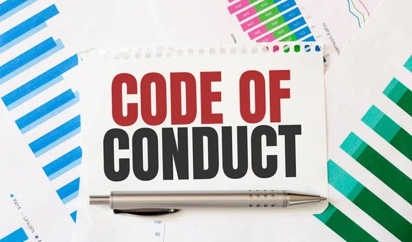 Card with text CODE OF CONDUCT. Diagram and white background