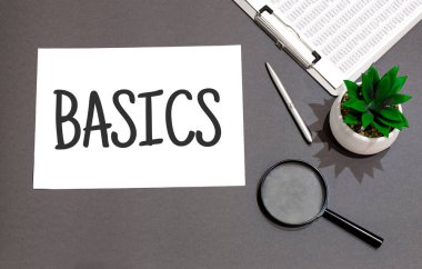 BASICS işareti ile yazılmış büyüteç, hesap makinesi, kalem, bitki ve defter üst görünümü