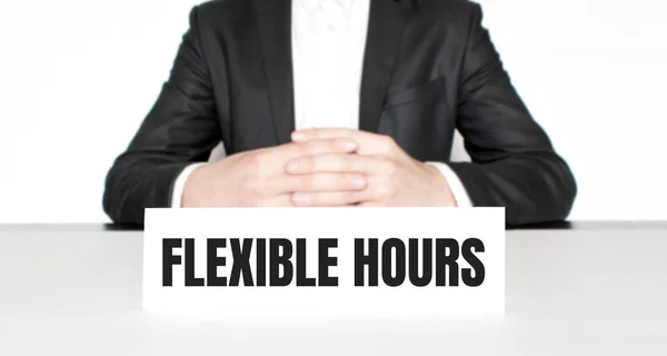 Geschäftsmann Tisch Und Schild Mit Text Flexible Hours Geschäftskonzept — Stockfoto