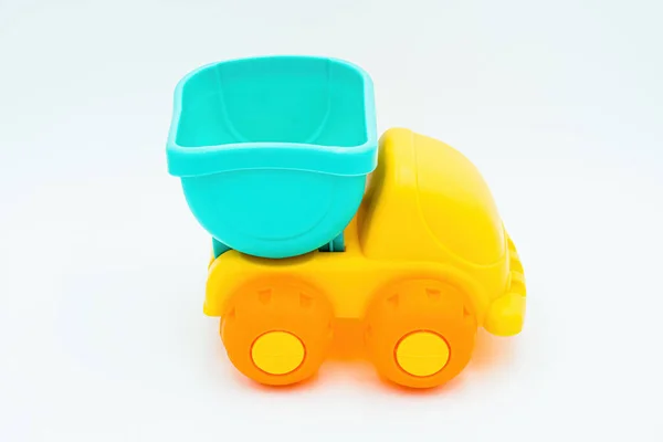 Beach Toys Yellow Plastic Truck Blue Empty Trolley White Background — Stock Photo, Image