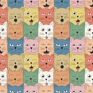 Renkli el çizimi kedi vektör deseni. Doodle sanatı.